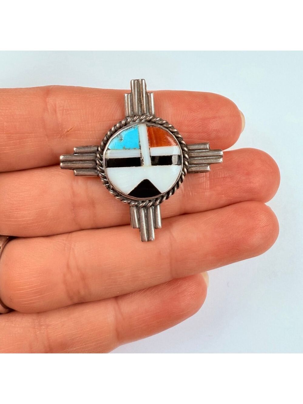 Native American Zuni Sunface Turquoise Coral Jet Sterling Silver VTG Pin Brooch - Picture 6 of 7